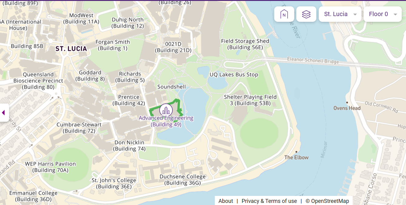 UQ map highlighting the Advanced Engineering Building, Building 49, beside the lakes and near UQ Lakes bus station.