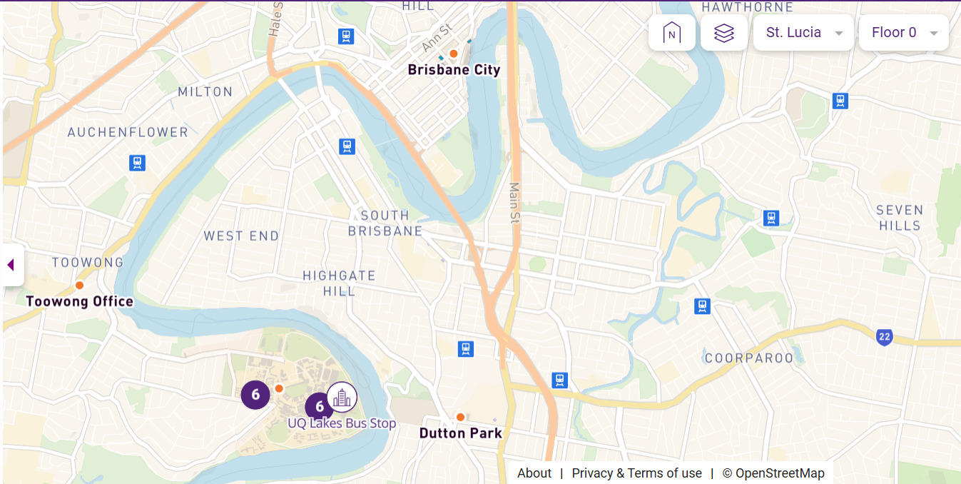 Map of Brisbane showing the CBD, South Brisbane and the UQ St Lucia campus beside the river.