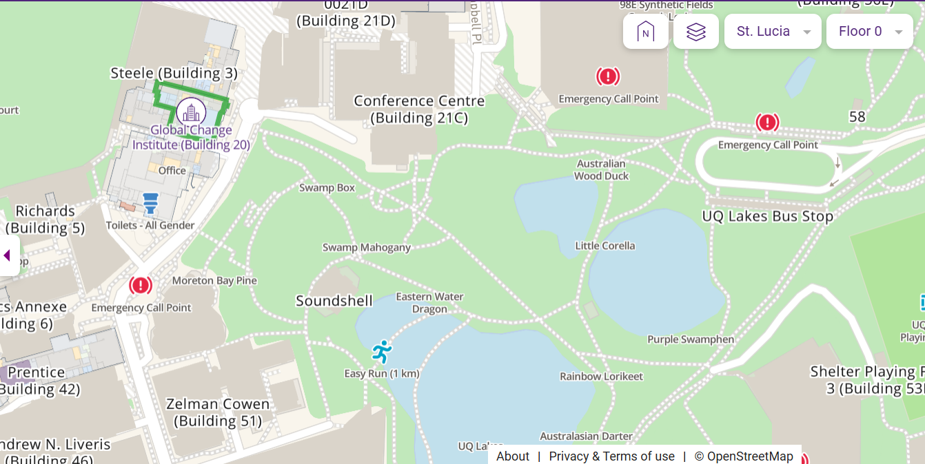 UQ map highlighting the Global Change Institute, Building 20, beside Steele Building and west of UQ Lakes bus station.